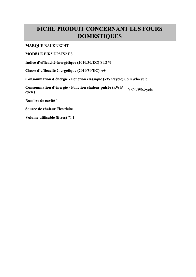 Page 1 de la notice Fiche technique Bauknecht BIK5 DP8FS2 ES