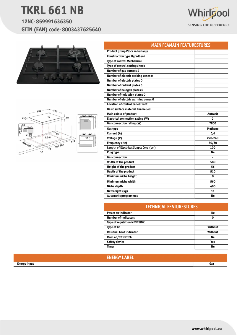 Page 1 de la notice Fiche technique Whirlpool TKRL 661 NB