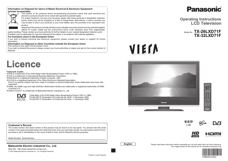 Page 1 de la notice Manuel utilisateur Panasonic Viera TX-26LXD71F