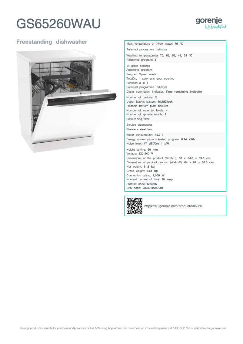 Page n°1 - Fiche technique Gorenje GS65260WAU