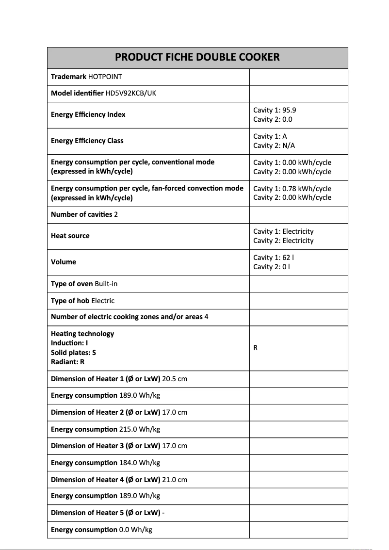 Page 1 de la notice Fiche technique Hotpoint HD5V92KCB/UK