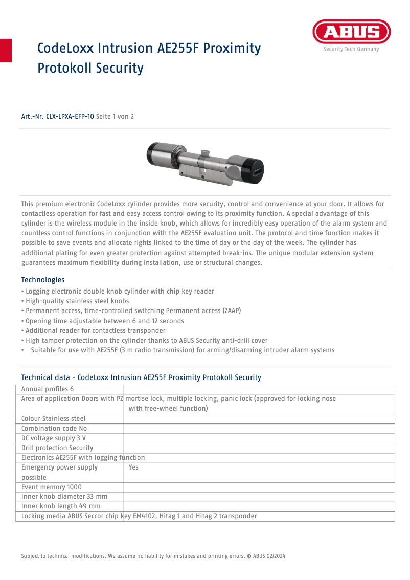 Page n°1 - Fiche technique Abus CLX-LPXA-EFP-10