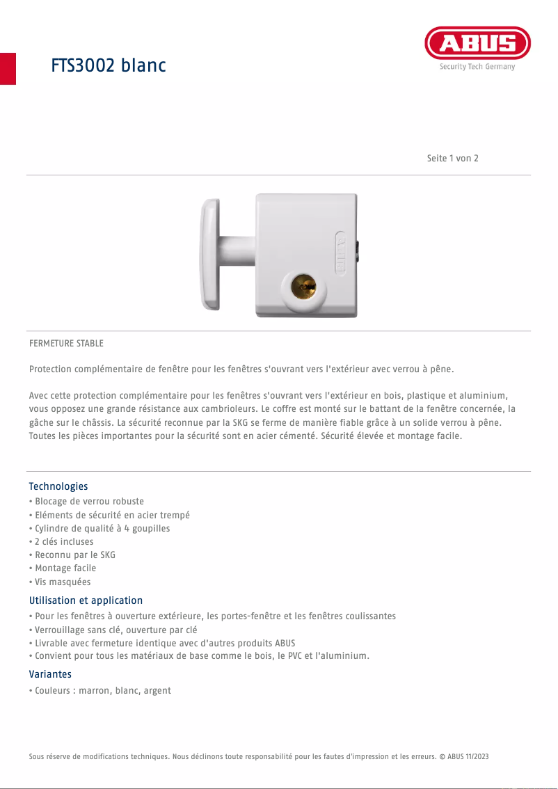 Page n°1 - Fiche technique Abus FTS3002
