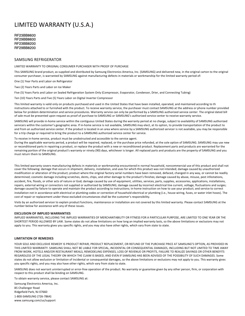 Page 1 de la notice Informations de garantie Samsung RF29BB8600AP