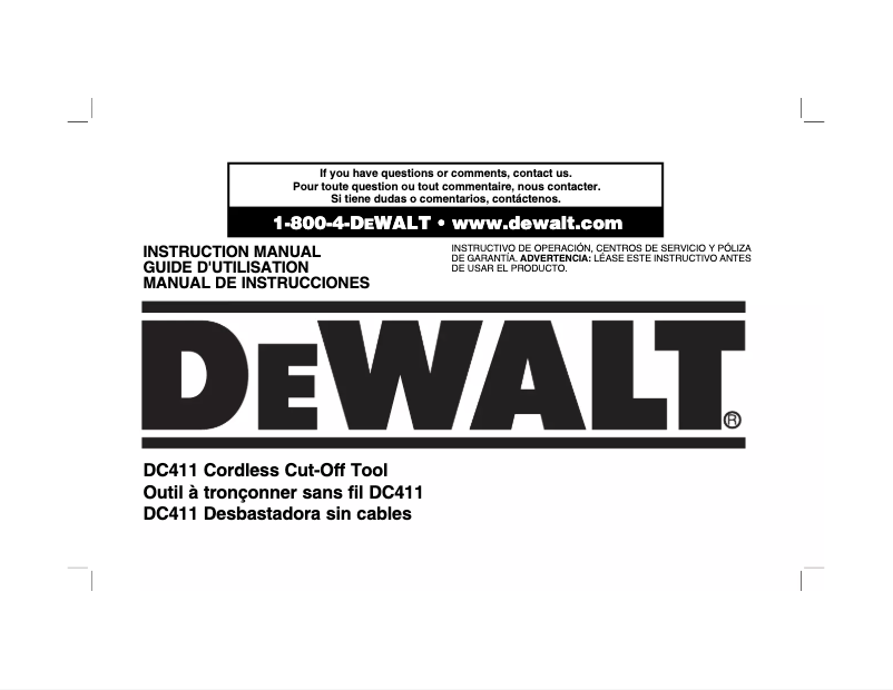 Page 1 de la notice Manuel utilisateur DeWalt DC411KA