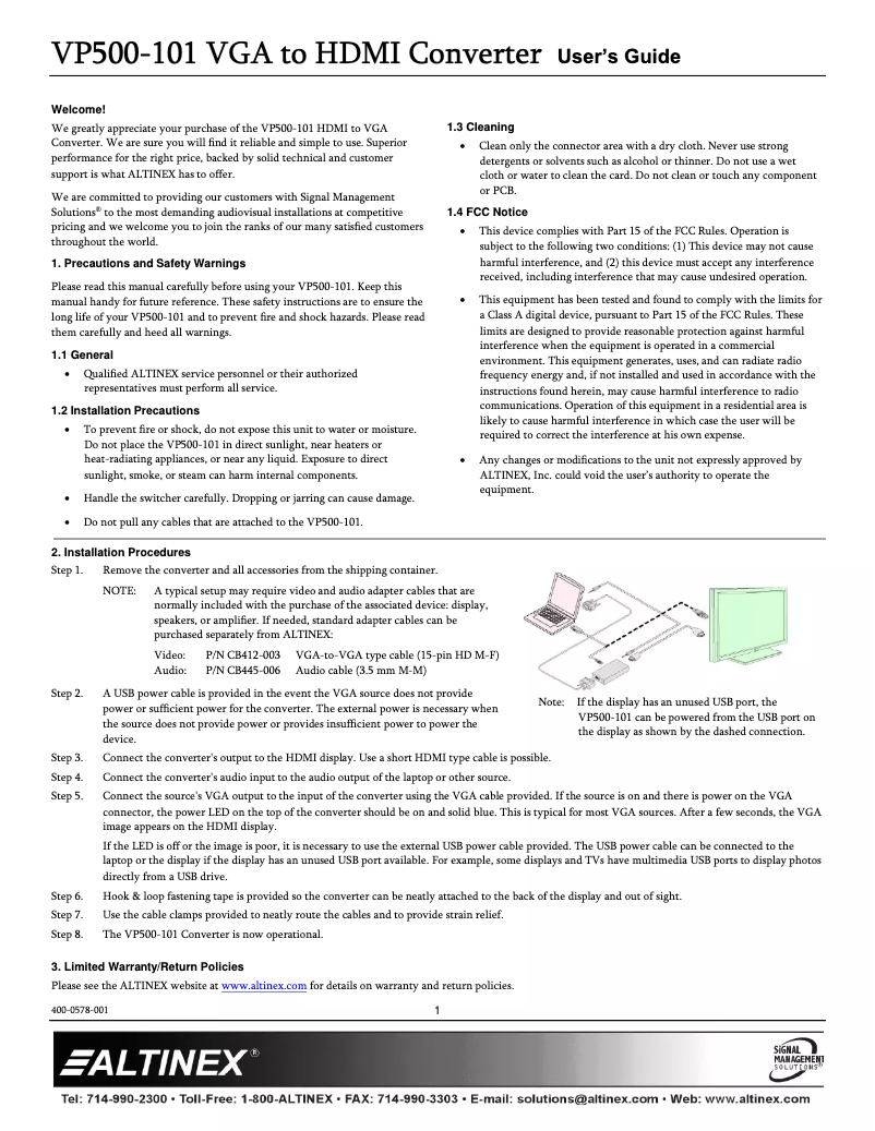 Page n°1 - Manuel utilisateur Altinex VP500-101