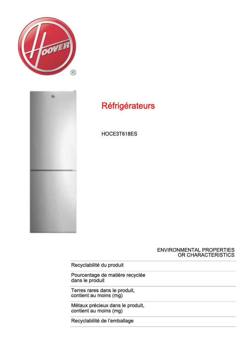 Page n°1 - Fiche technique Hoover HOCE3T618ES