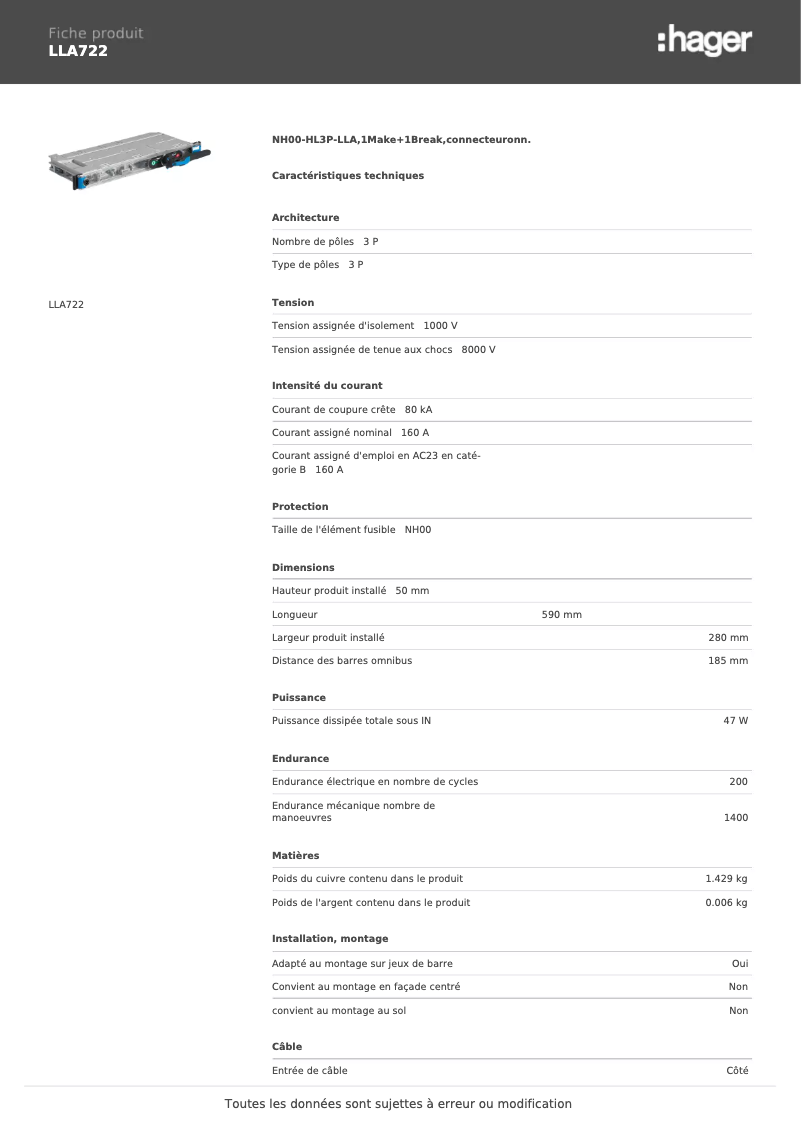 Page 1 de la notice Fiche technique Hager LLA722