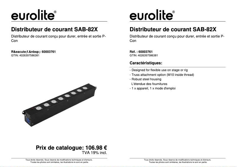 Page 1 de la notice Fiche technique Eurolite SAB-82X