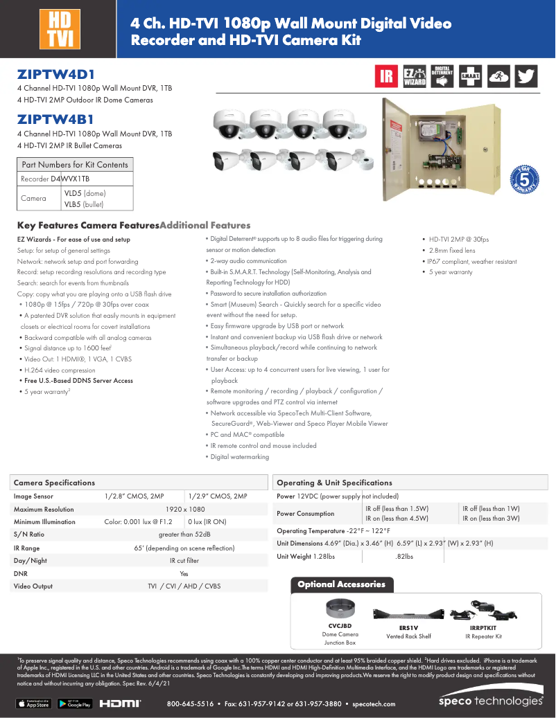 Page n°1 - Fiche technique Speco Technologies ZIPTW4D1