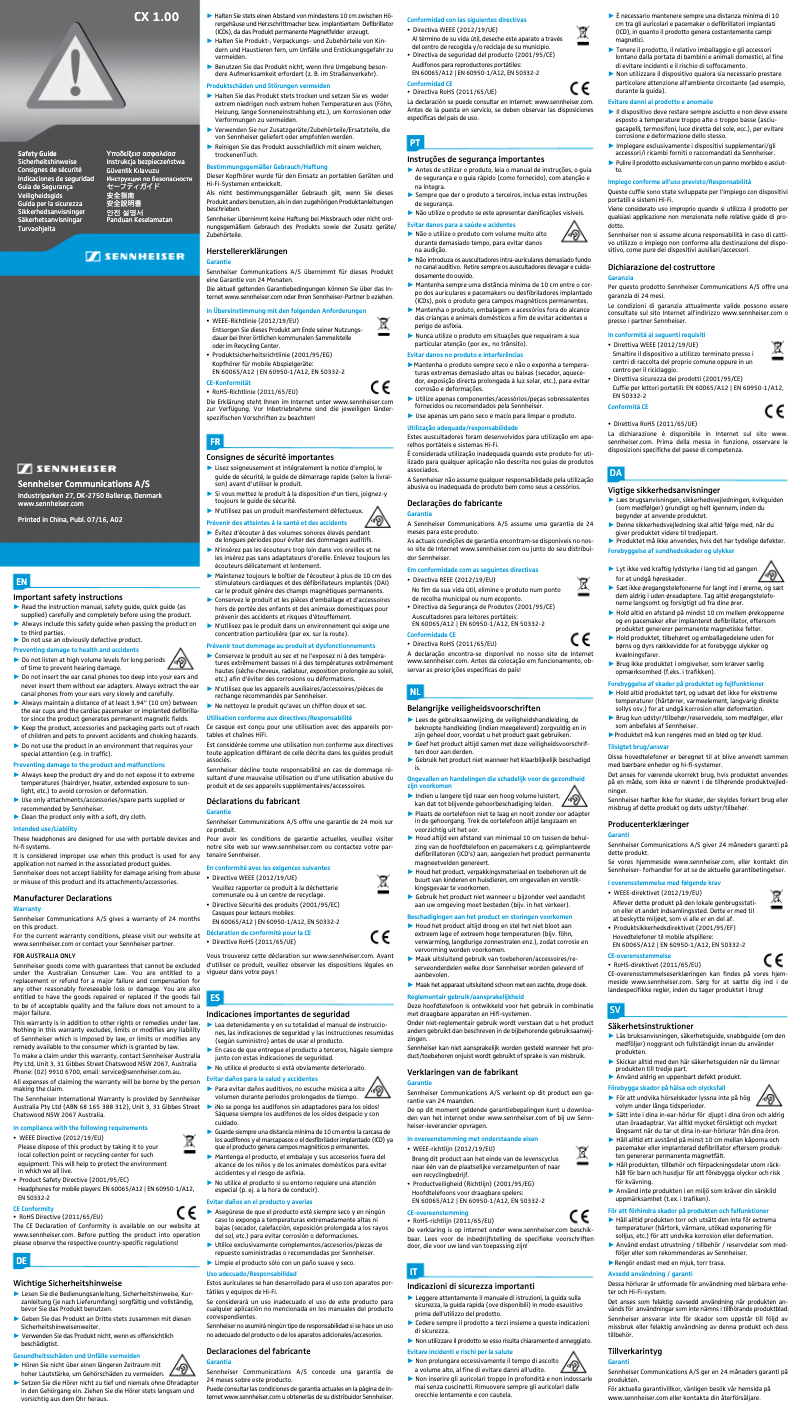 Page n°1 - Instructions de sécurité Sennheiser CX 1.00
