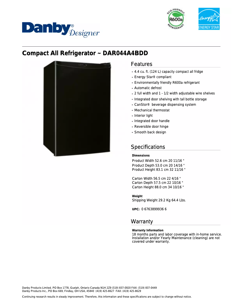 Page n°1 - Fiche technique Danby DAR044A4BDD