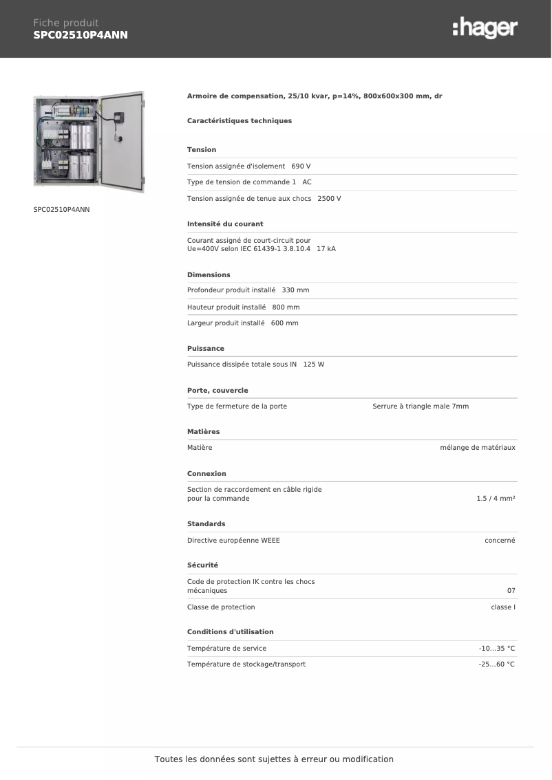Page n°1 - Fiche technique Hager SPC02510P4ANN