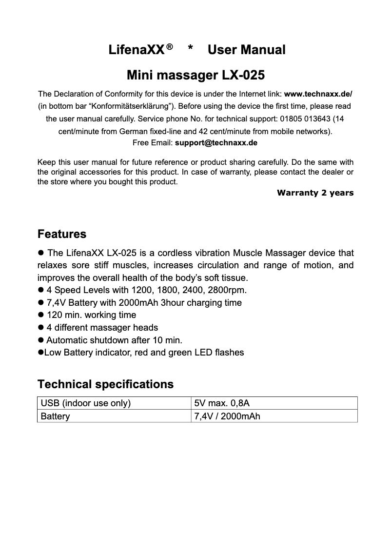 Page 1 de la notice Manuel utilisateur Technaxx LX-025