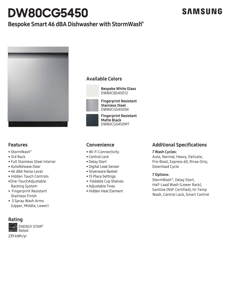 Page n°1 - Fiche technique Samsung DW80CG545