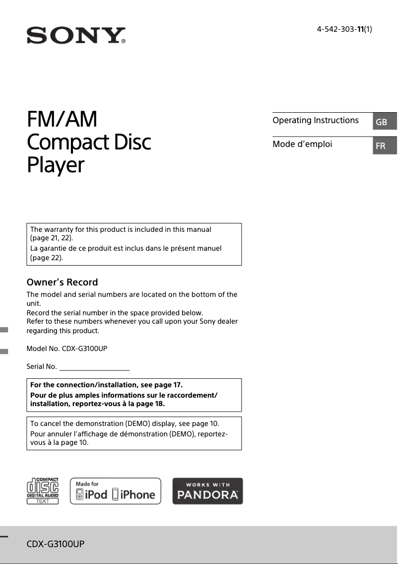 Page 1 de la notice Manuel utilisateur Sony CDX-G3100UP