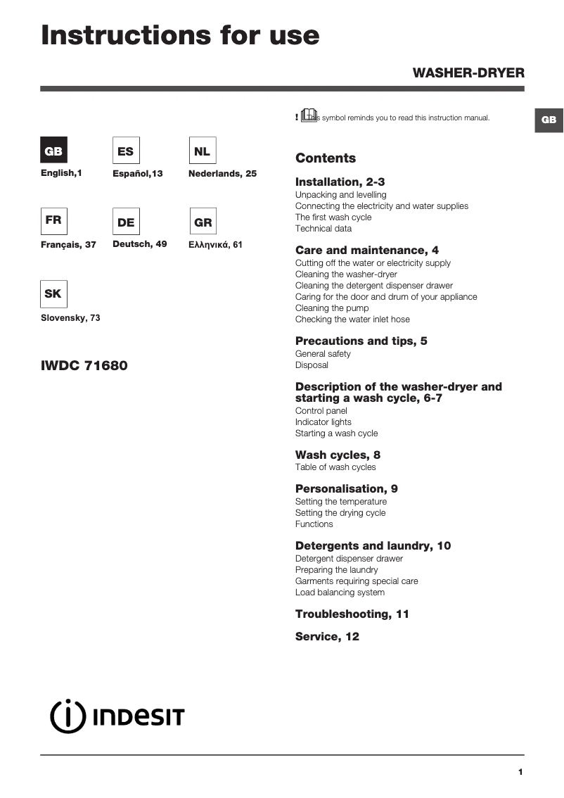 Page 1 de la notice Manuel utilisateur Indesit IWDC 71680 ECO