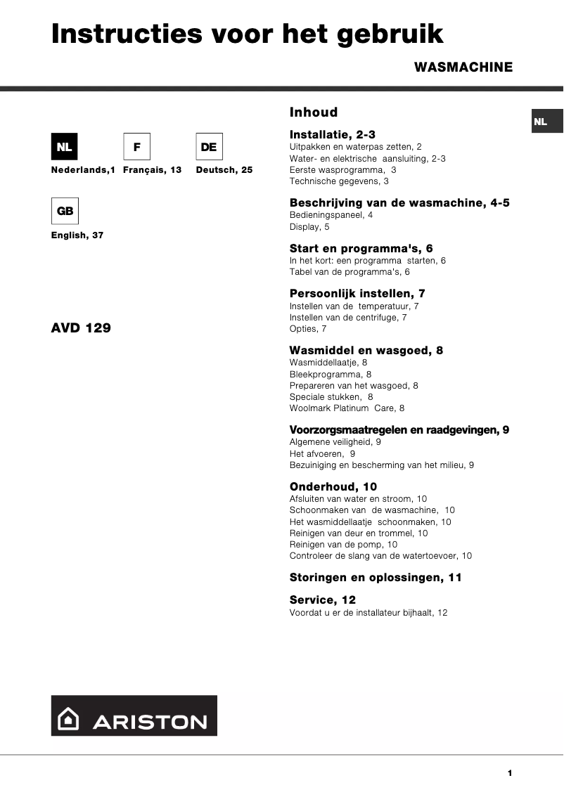 Page 1 de la notice Manuel utilisateur Ariston Thermo AVD 129