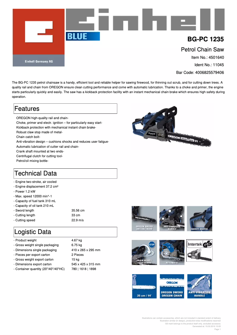 Página 1 del manual Ficha técnica Einhell BG-PC 1235