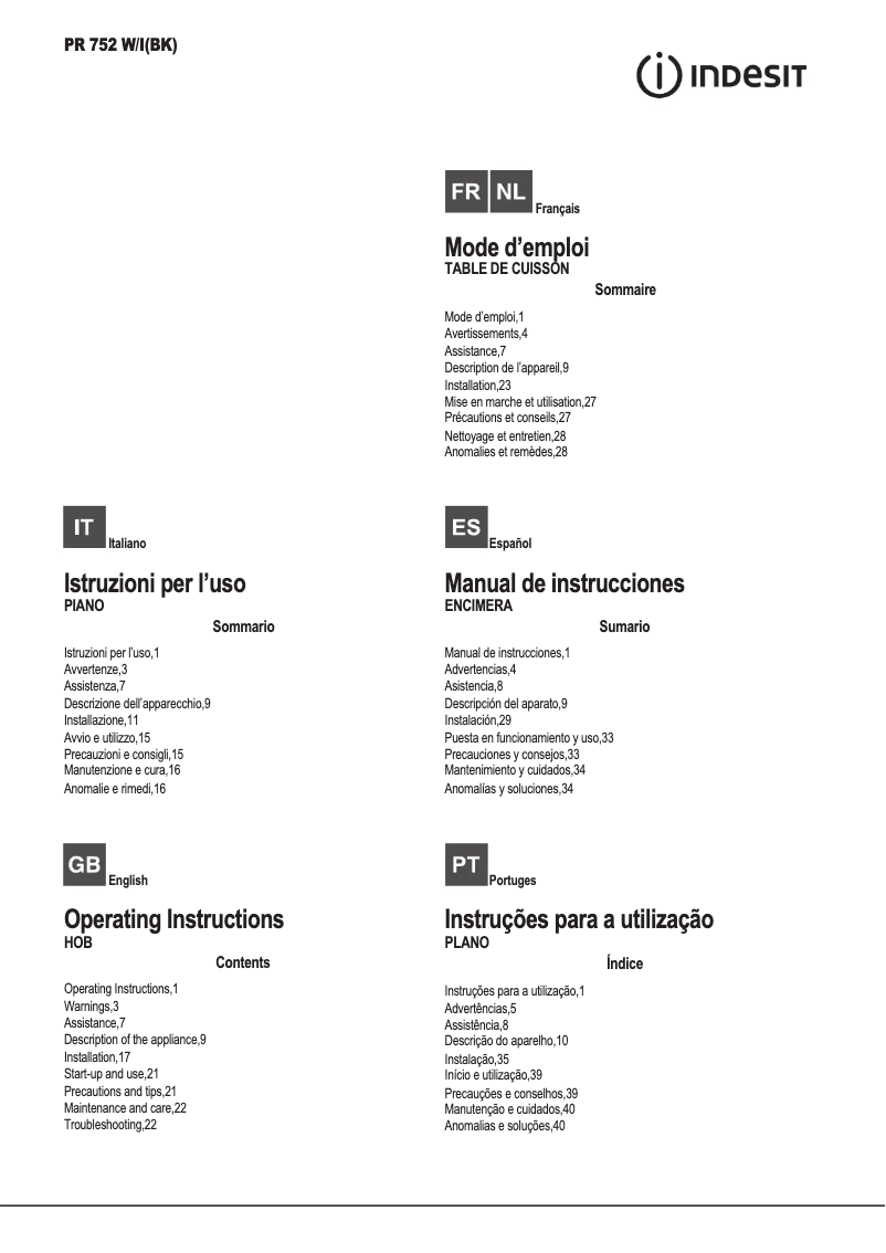 Page 1 de la notice Manuel utilisateur Indesit PR 752 W/I(BK)