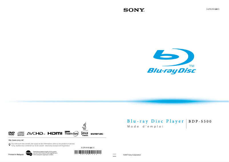 Page 1 de la notice Manuel utilisateur Sony BDP-S500