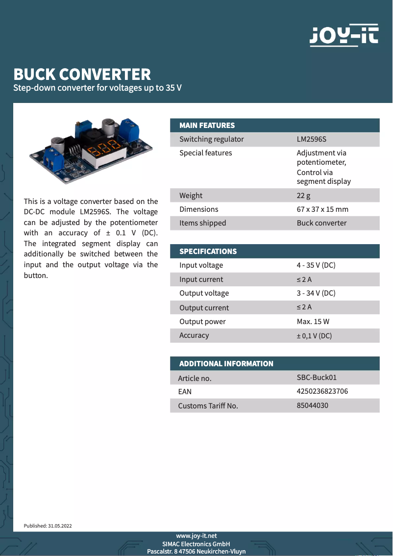 Page n°1 - Fiche technique Joy-It SBC-Buck01