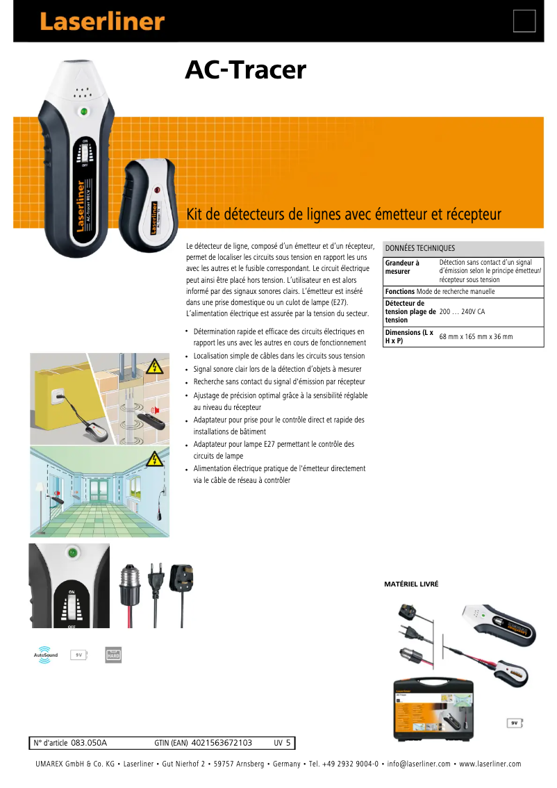 Page 1 de la notice Fiche technique Laserliner AC-Tracer