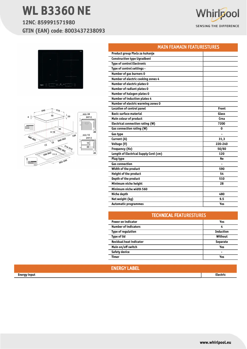 Page 1 de la notice Fiche technique Whirlpool WL B3360 NE