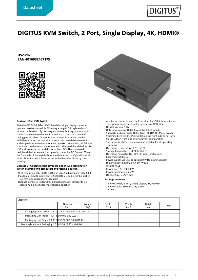 Page n°1 - Fiche technique Digitus DS-12870