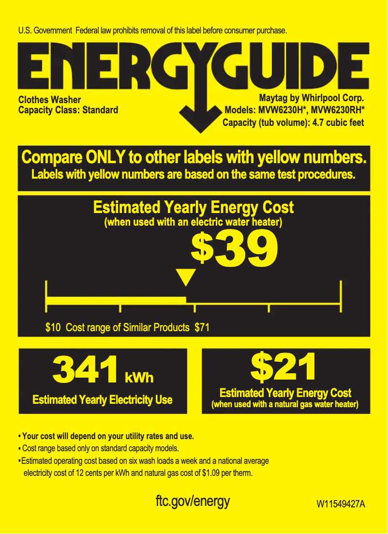Page 1 de la notice Label énergétique Maytag MVW6230HW