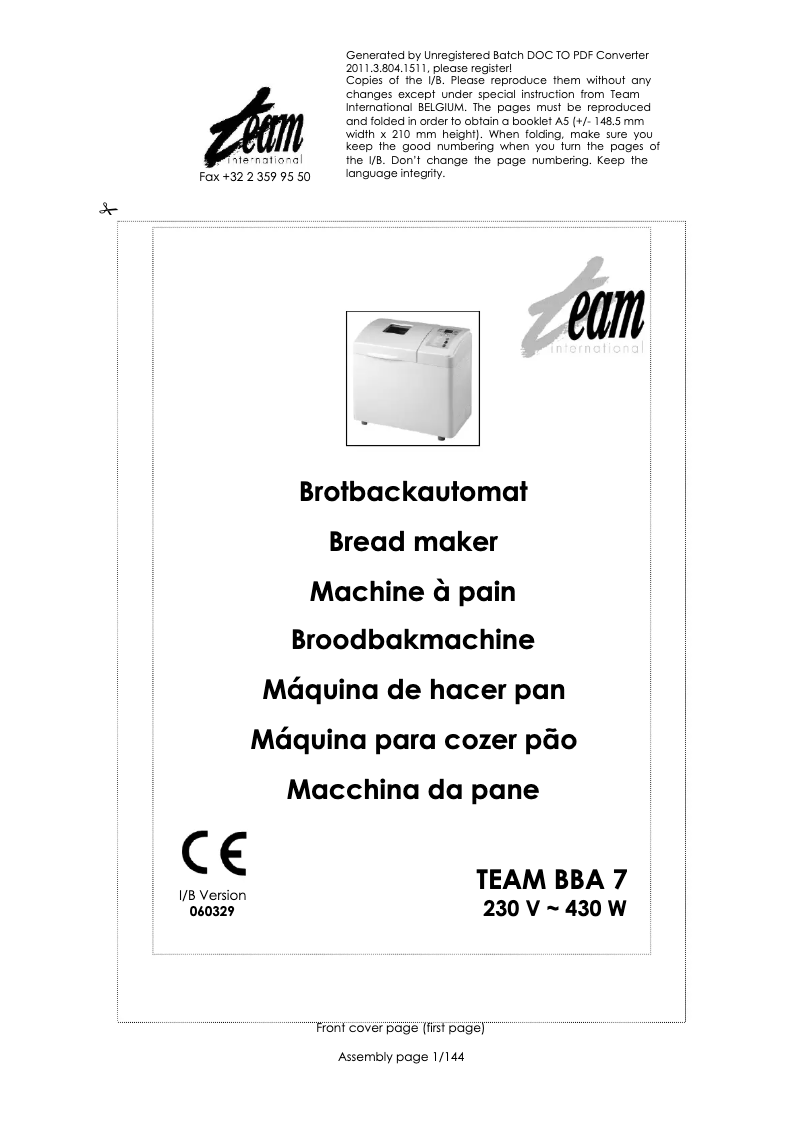 Page 1 de la notice Manuel utilisateur Team BBA 7