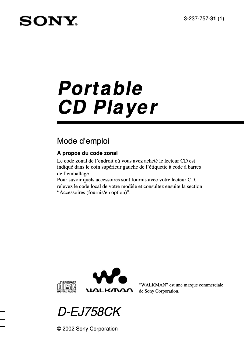 Página 1 del manual Manual de usuario Sony Discman D-EJ758CK