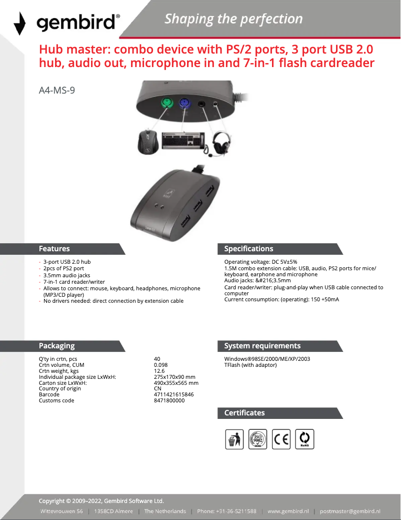 Page 1 de la notice Manuel utilisateur Gembird A4-MS-9