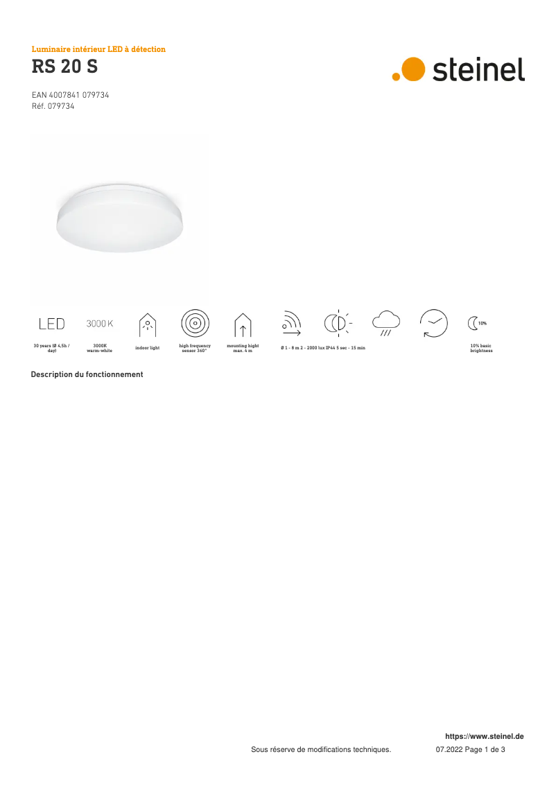 Page 1 de la notice Fiche technique Steinel RS 20 S