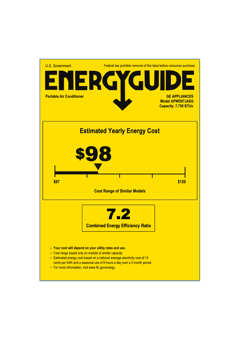 Page 1 de la notice Label énergétique GE APWD07JASG