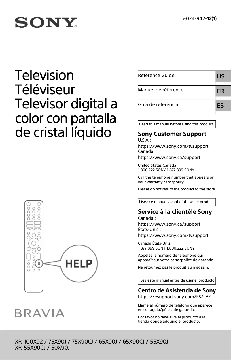 Page 1 de la notice Manuel utilisateur Sony XR-75X90CJ