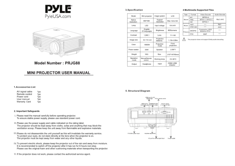 Page 1 de la notice Manuel utilisateur Pyle PRJG88