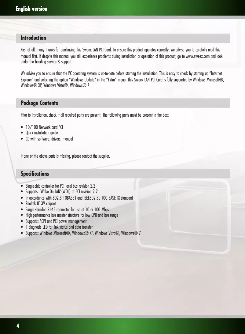 Page 1 de la notice Manuel utilisateur Sweex LAN PCI Network Card 10/100 Mbps