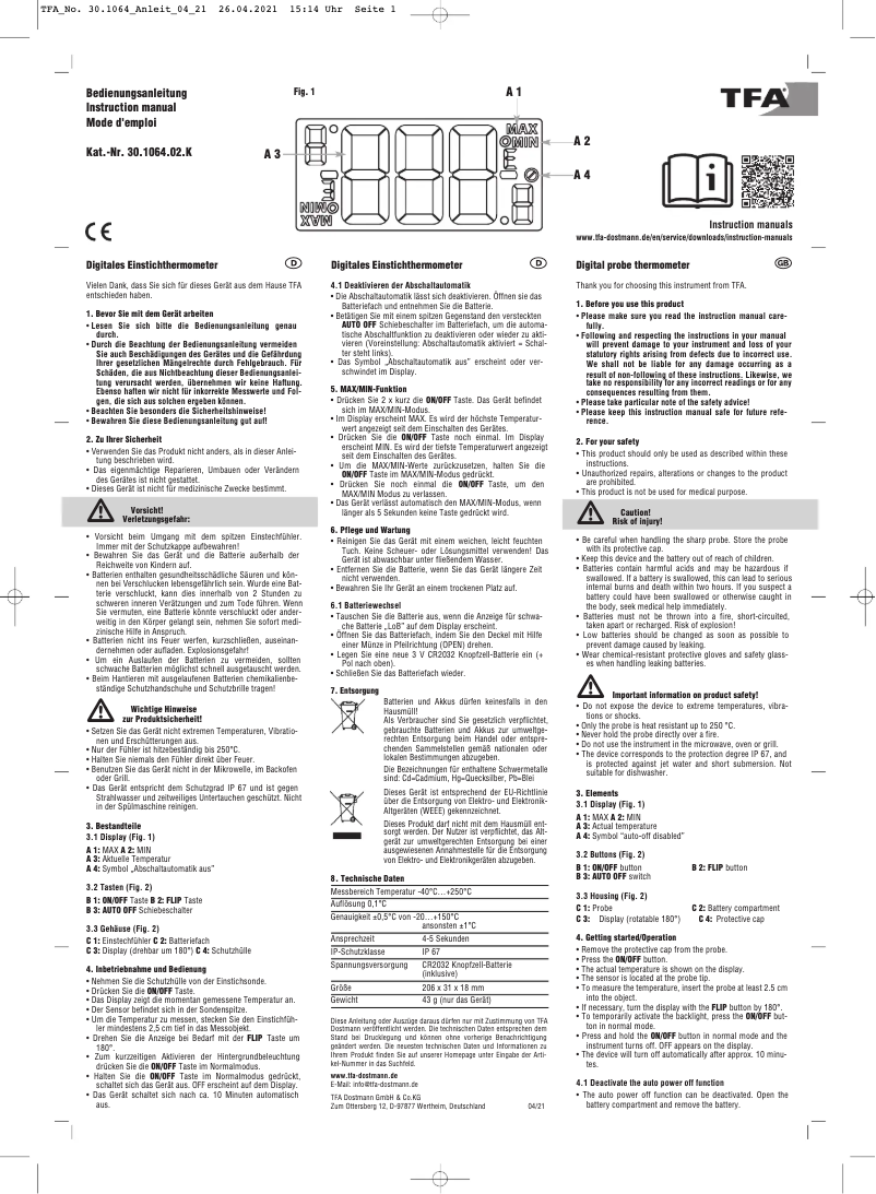 Page n°1 - Manuel utilisateur TFA 30.1064.02.K