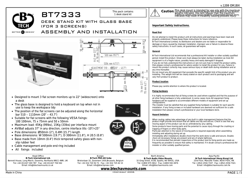 Page n°1 - Manuel utilisateur B-Tech BT7333