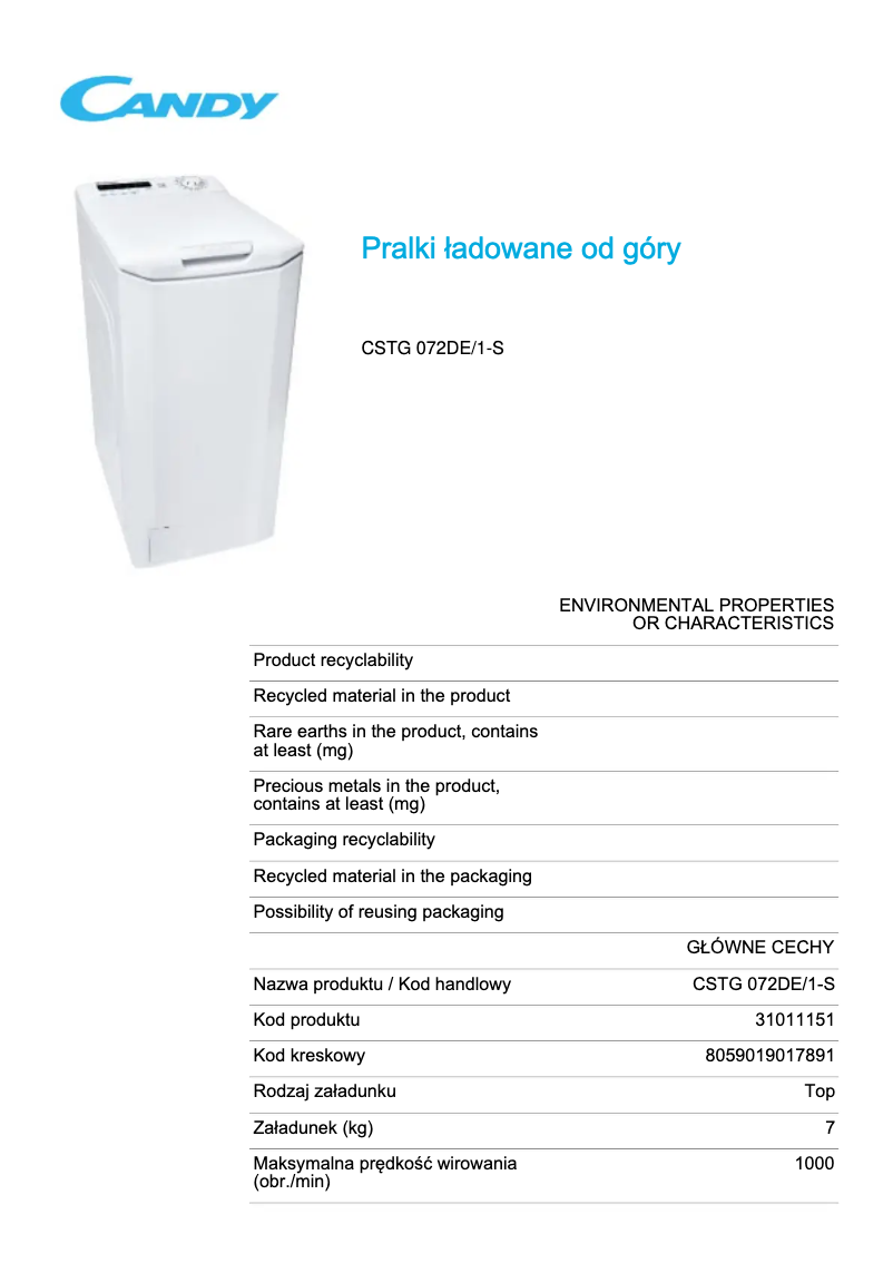Page 1 de la notice Fiche technique Candy CSTG 072DE/1-S