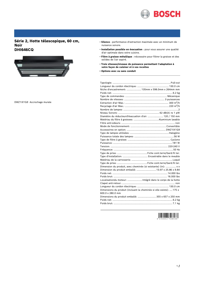 Página 1 del manual Ficha técnica Bosch DHI646CQ