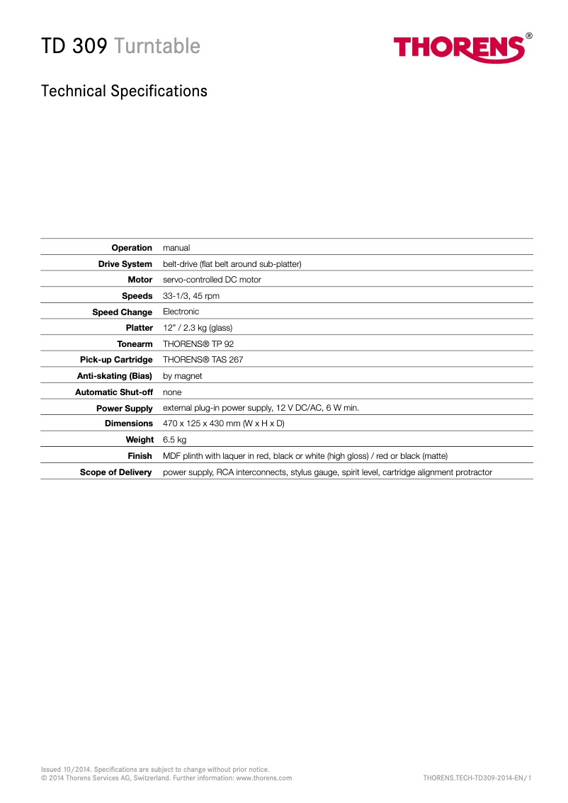 Page 1 de la notice Fiche technique Thorens TD 309