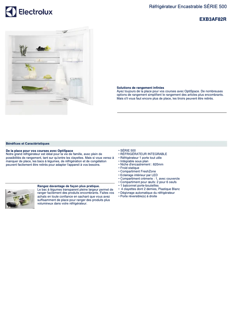 Page 1 de la notice Fiche technique Electrolux EXB3AF82R
