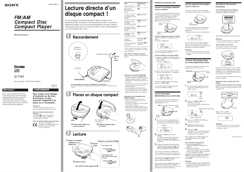 Page 1 de la notice Manuel utilisateur Sony D-T101