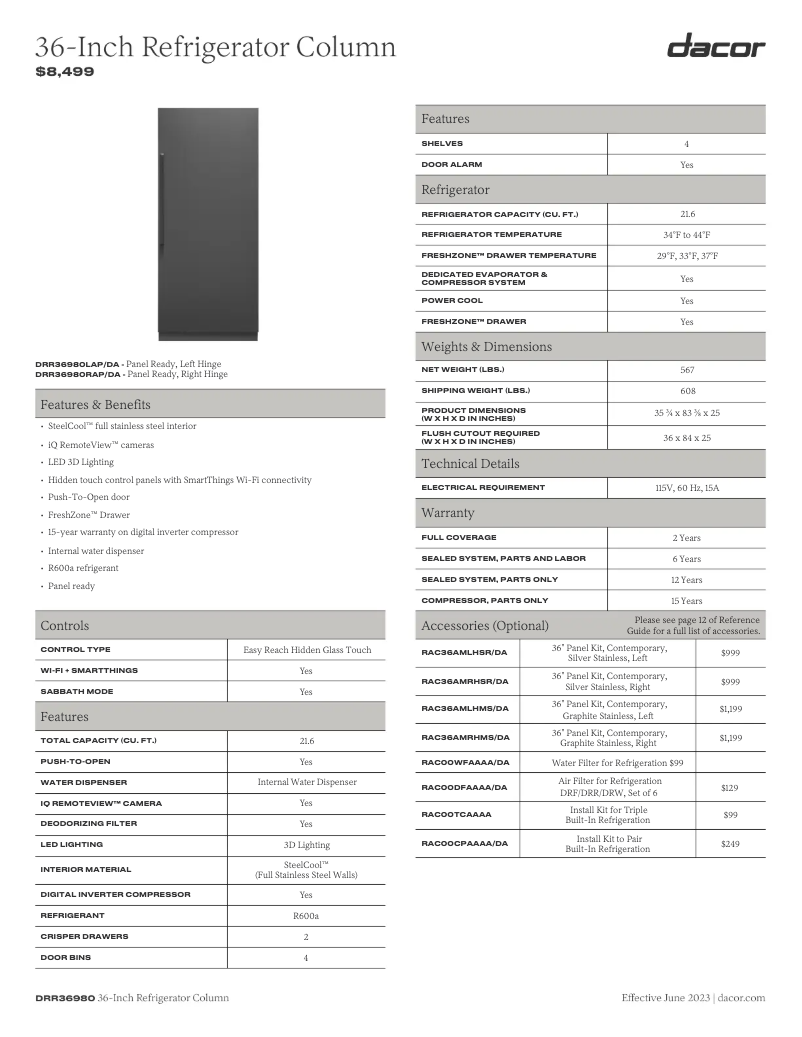 Page 1 de la notice Fiche technique Dacor RAC36AMLHSR