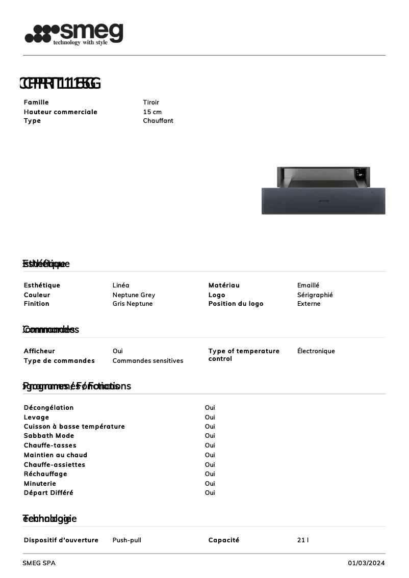 Page 1 de la notice Fiche technique Smeg CPRT115G