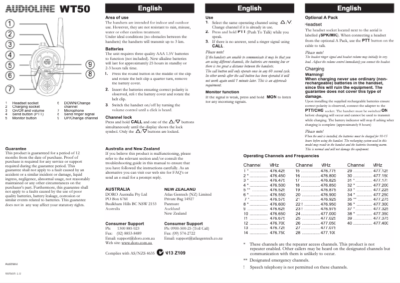 Page 1 de la notice Manuel utilisateur Audioline WT50