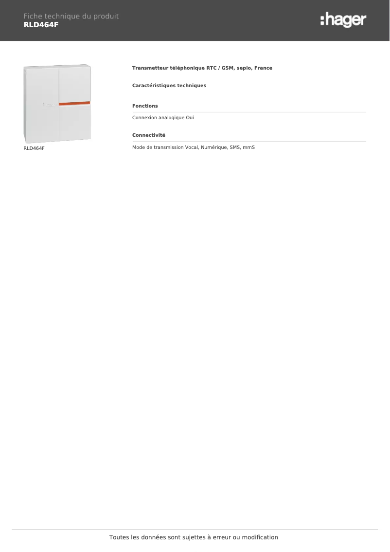 Page n°1 - Fiche technique Hager RLD464F