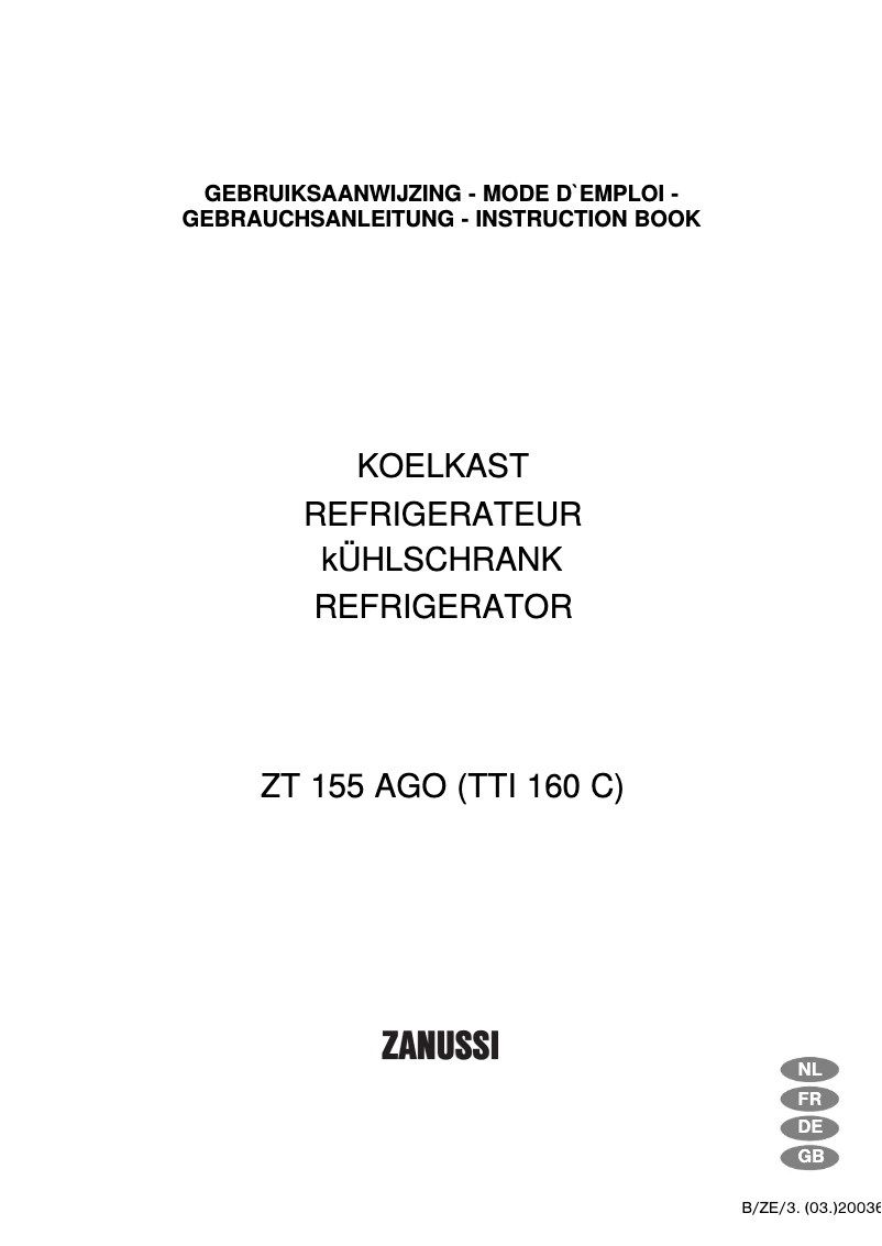 Page 1 de la notice Manuel utilisateur Zanussi ZT 155 AGO